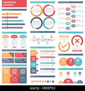 Infografik Elemente - Balkendiagramm, Designelemente mit Zahlen und Text, Timeline, Kreisdiagramm, Prozessablauf, Vector EPS 10 Abbildung Stockfoto