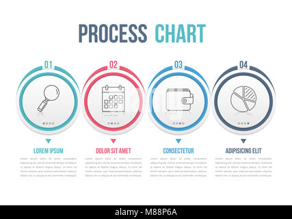 Process Diagram Template mit Kreisen, Flussdiagramm oder Workflow mit vier Elementen, Schritte und Optionen, business Infografiken, Vector EPS 10 Abbildung Stockfoto