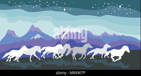 Bunte vektor Illustration - Hintergrund mit Pferden Silhouetten weißen und grauen Farben läuft Galopp zwischen den Bergen unter Himmel mit Sternen. Berg Stock Vektor