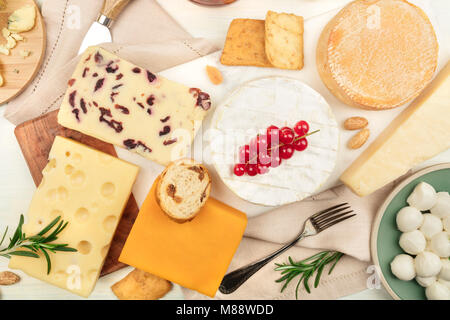 Ein Sortiment von verschiedenen Arten von Käse, geschossen von oben auf einen hellen Hintergrund Stockfoto