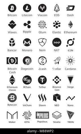 Große crypto Währung logo Münzen Bitcoin, Nem, Bindestrich, Litecoin, Monero, des Astraleums, Dash Restwelligkeit und andere Vector Illustration Stock Vektor