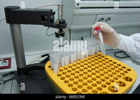 Handhabung Gestell für Röhrchen, Labor Stockfoto