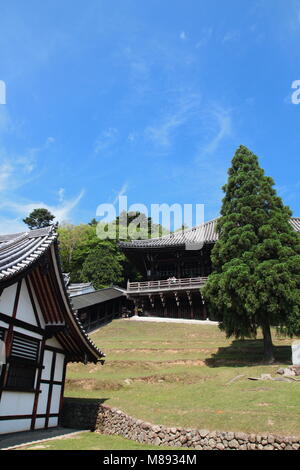 Blick auf die erstaunliche Architektur der Nigatsu-do Hall über den Todaiji Tempel in Nara, Japan Stockfoto