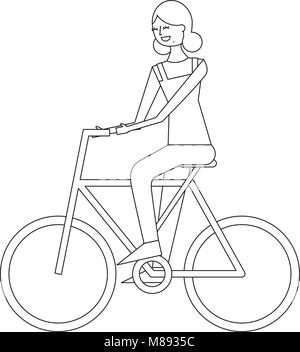 Schöne junge Frau Reiten in Fahrrad Vektor-illustration dünne Linie Stock Vektor