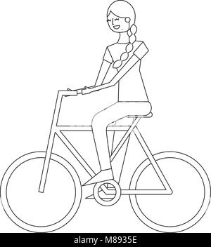 Schöne junge Frau Reiten in Fahrrad Vektor-illustration dünne Linie Stock Vektor