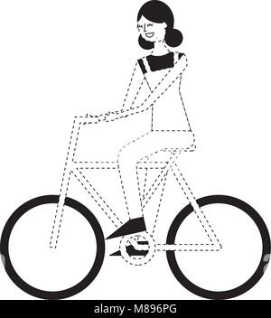 Schöne junge Frau Reiten in Fahrrad Vektor-illustration Schwarzweiß gepunkteten Linie Bild Stock Vektor