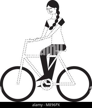 Schöne junge Frau Reiten in Fahrrad Vektor-illustration Schwarzweiß gepunkteten Linie Bild Stock Vektor