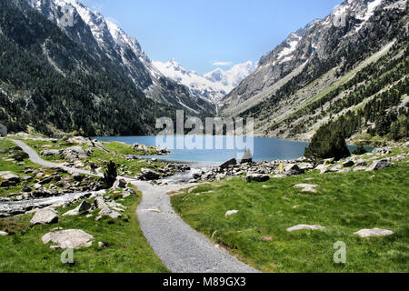 Ein Blick auf den See am Lac de Gaube in den Pyrenäen Stockfoto