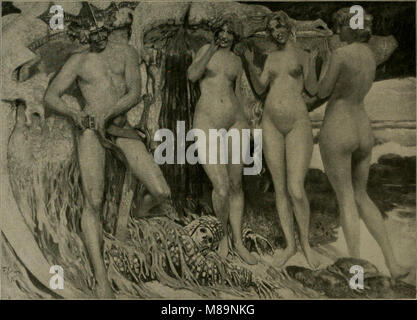 Ein Werk von Fritz Erler aus dem Jahr 1898 mit dem Titel „Jung-Hagen und die KÃ¶nigskinder“, wahrscheinlich eine historische oder künstlerische Erzählung. Stockfoto