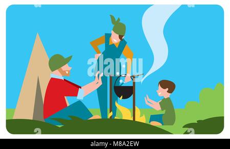 Familie von touristische Vorbereitung einer Mahlzeit im Freien Stock Vektor