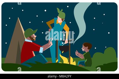 Familie von touristische Vorbereitung einer Mahlzeit im Freien Stock Vektor