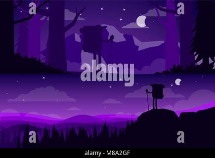 Banner zu wandern. Silhouetten der Touristen Stock Vektor