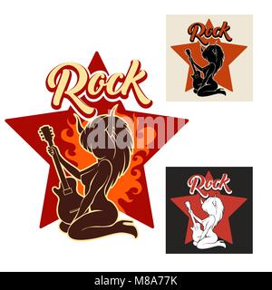 Silhouette von Mädchen mit Hörnern spielen E-Gitarre in Flamme gegen Stern. Rock Musik Emblem gesetzt. Vector Illustration. Stock Vektor