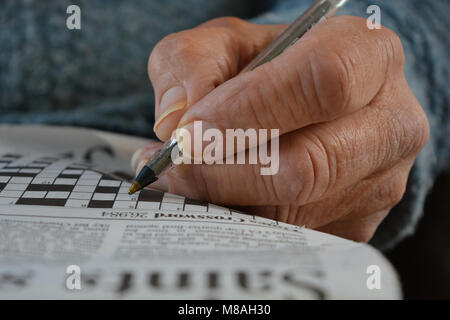 In der Nähe von älteren Menschen, ein Kreuzworträtsel, selektiver Fokus auf pen Stahlfeder. Stockfoto