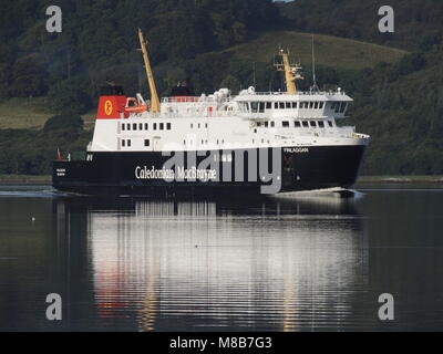 Caledonian MacBrayne's MV Finlaggan am Fährhafen Kennacraig Ankunft auf der Halbinsel Kintyre in Argyll and Bute. Stockfoto