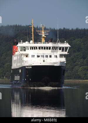 Caledonian MacBrayne's MV Finlaggan am Fährhafen Kennacraig Ankunft auf der Halbinsel Kintyre in Argyll and Bute. Stockfoto