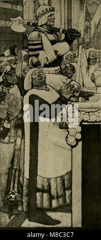 Fritz Erlers Wandserie (1913) im Festsaal des Neuen Rathauses in Hannover zeigt bedeutende historische und kulturelle Themen. Sein Werk, bekannt für seine Detailgenauigkeit und emotionale Tiefe, reflektiert wichtige Ereignisse und Persönlichkeiten der deutschen Geschichte. Stockfoto