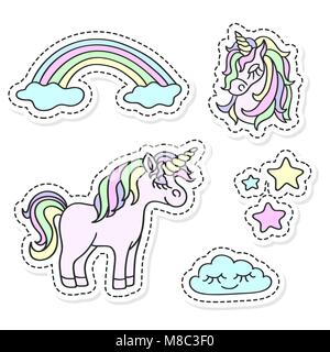 Einhorn, Regenbogen, Wolken, Sterne, Magic Design vector Sticker Set Stock Vektor