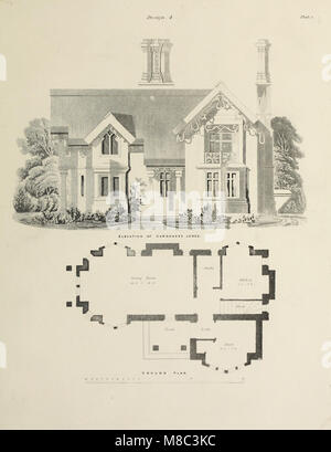 Eine Sammlung von architektonischen Entwürfen für verschiedene Wohngebäude, einschließlich Villen, Villen und Lodges, die detaillierte Pläne und Stile für den Wohnbau mit Schwerpunkt auf praktischen und ästhetischen Überlegungen liefern. Stockfoto