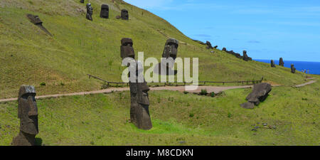 Moais in den Hängen des Rano Raraku, Rapa Nui (Osterinsel) Stockfoto