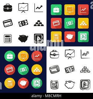 Finanzen Symbole in einem Symbole Schwarzweiß Farbe flaches Design Freehand eingestellt Stock Vektor