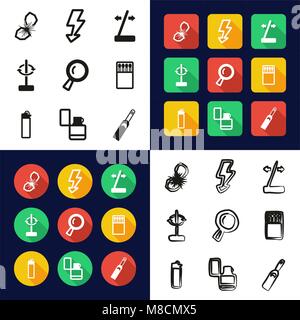 Feuer und Werkzeuge in einem Symbole Schwarzweiß Farbe flaches Design Freehand eingestellt Stock Vektor