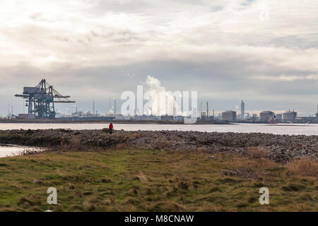 Blick auf teesport Industrien von Paddys Loch, Redcar, England, Großbritannien Stockfoto