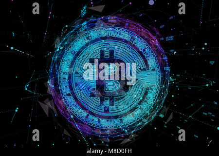Bitcoin digitale Währung und Weltkugel Hologramm, futuristische digitale Geld und Technologie weltweit netzwerk konzept Stockfoto