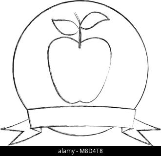 Monochrom Skizze des kreisförmigen Rahmens mit Schleife und Apfel Obst Stock Vektor