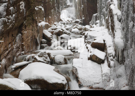 Franconia Notch State Park - Flume Gorge in Lincoln, New Hampshire USA während eines Schneesturms. Schneegestöber gesehen werden kann. Stockfoto