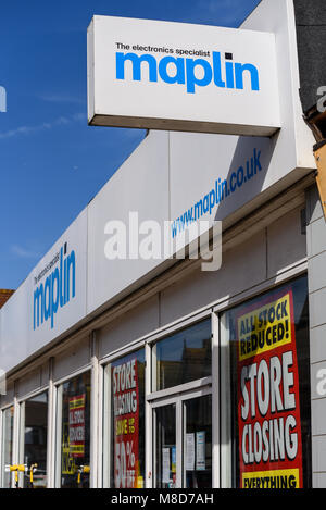 Maplin, der Elektronikfachhandel, in der Verwaltung. London Road, Southend on Sea, Essex, Großbritannien. Geschäftsabschluss Stockfoto