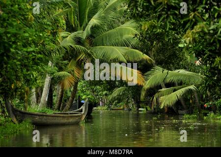 Holz- Boot am Ufer geparkt und von Palmen umgeben in der malerischen Backwaters, Kerala, Südindien Stockfoto