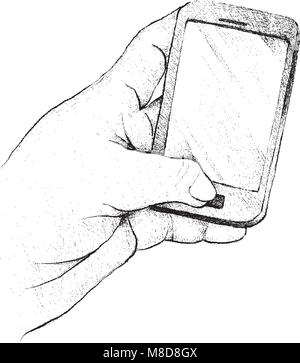 Abbildung von Hand gezeichnete Skizze von Hand mit Handy oder Smart Phone und Berührung des Bildschirms für Menschen verbinden. Stock Vektor