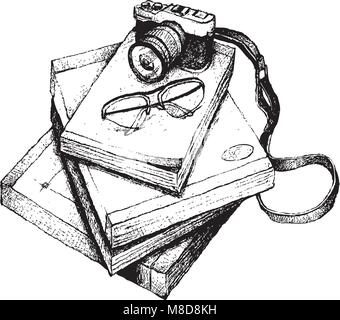 Abbildung: Handgezeichnete Skizze Stapel Bücher mit Digitalkamera und Gläser isoliert auf weißem Hintergrund. Stock Vektor