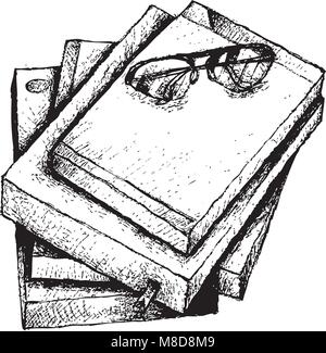 Abbildung: Handgezeichnete Skizze Stapel Bücher mit Brille isoliert auf weißem Hintergrund. Stock Vektor