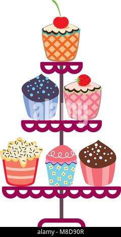 Vektor-Set von Frucht und Schokolade Cupcakes auf einem Ständer Stock Vektor