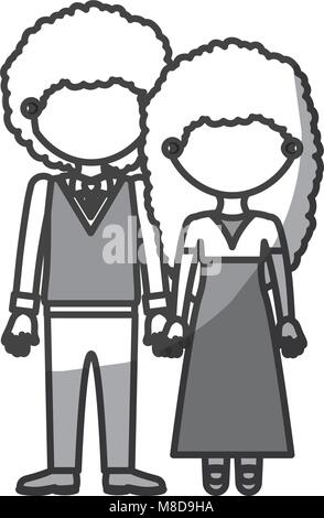 Silhouette monochrome Schattierung gesichtslosen Curly paar Frau mit langen Haaren in Kleidung und Mann mit bowtie und Hände Stock Vektor