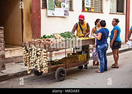 Havanna, Kuba - Dezember 12, 2016: Obst und Gemüse Verkäufer und einige Einheimische in der Altstadt von Havanna Vieja (Kuba) Stockfoto