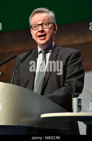 Michael Gove MP Staatssekretär für Umwelt, Ernährung und ländliche Angelegenheiten (Secretary) Rede auf der NFU Konferenz 2018. Stockfoto