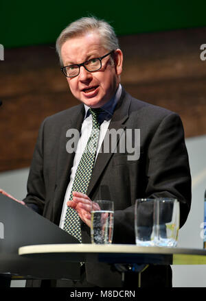 Michael Gove MP Staatssekretär für Umwelt, Ernährung und ländliche Angelegenheiten (Secretary) Rede auf der NFU Konferenz 2018. Stockfoto