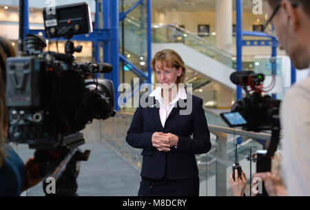 Minette zerschlägt, Präsident der NFU (National Farmers Union) im Gespräch mit der Presse an der NFU Konferenz in Birmingham im Februar 2018. Stockfoto