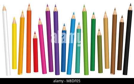 Buntstifte. Buntstift set lose in verschiedenen Längen angeordnet - Abbildung auf weißen Hintergrund. Stockfoto