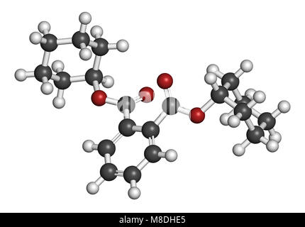 Dicyclohexyl Phthalat (DCP) Weichmacher Molekül. 3D-Rendering. Atome sind vertreten als Kugeln mit konventionellen Farbcodierung: Wasserstoff (weiß), Ca Stockfoto