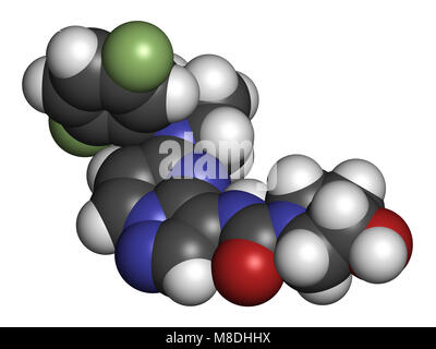 Larotrectinib Krebsmedikament Molekül. 3D-Rendering. Atome sind als Kugeln mit konventionellen Farbcodierung: Wasserstoff (weiß), Kohlenstoff (grau), ni vertreten Stockfoto