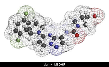 Larotrectinib Krebsmedikament Molekül. 3D-Rendering. Atome sind als Kugeln mit konventionellen Farbcodierung: Wasserstoff (weiß), Kohlenstoff (grau), ni vertreten Stockfoto