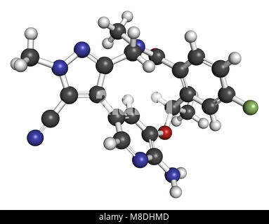 Lorlatinib Krebsmedikament Molekül. 3D-Rendering. Atome sind als Kugeln mit konventionellen Farbcodierung: Wasserstoff (weiß), Kohlenstoff (grau), Nitro vertreten Stockfoto