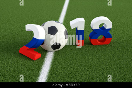 2018 in Russische Fahne Farben auf einem Fußballfeld. Ein Fußball, der die 0 in 2018. 3D-Rendering Stockfoto