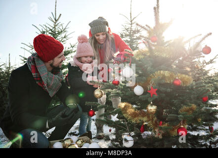 Mädchen und Eltern betrachten Kugeln auf Wald Weihnachtsbaum Stockfoto