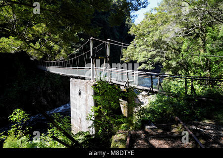 Die Ngakawau Suspension Bridge entlang der wunderschönen charmanten Creek Gehweg, die Brücke ist für bis zu 5 Personen. Stockfoto