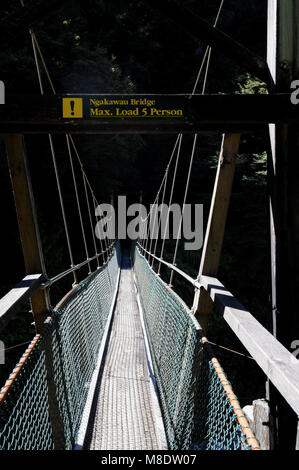 Die Ngakawau Suspension Bridge entlang der wunderschönen charmanten Creek Gehweg, die Brücke ist für bis zu 5 Personen. Stockfoto